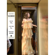 批发WalkinDark【云影萝】重工7米摆法式度假碎花雪纺短袖吊带<b class='q'>连衣裙</b>