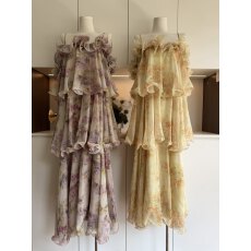 批发WalkinDark紫烟萝法式度假鱼线碎花雪纺蛋糕裙短袖吊带连衣裙