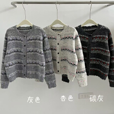 批发韩系复古提花圆领毛衣冬季新款<b class='q'>女</b>设计感宽松叠穿花纹减龄百搭上衣