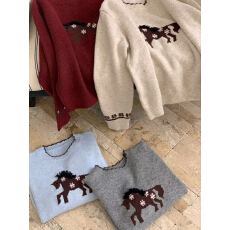 批发韩系东大门<b class='q'>手工</b>花花小马圆领简约百搭秋冬女针织衫提花宽松<b class='q'>毛衣</b>