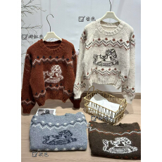 批发韩系复古小马提花圆领套头毛衣女秋冬新款小众时尚软糯针织衫上衣