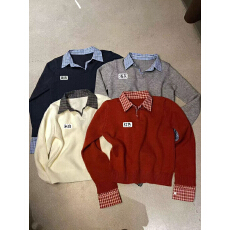 批发圣诞新年红色衬衫拼接polo领套头毛衣女秋冬内搭慵懒软糯针织上衣