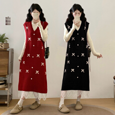 批发实拍 2025秋冬新款胖MM<b class='q'>撞色</b>拼接宽松马甲<b class='q'>连衣裙</b>针织打底两件套