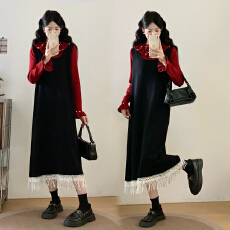 批发实拍 2025秋<b class='q'>冬</b>新款设计感钉珠流苏荷叶领背心裙打底针织两件套