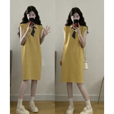 批发实拍 2026秋季新款短袖T恤裙长款休闲宽松简约纯色针织<b class='q'>连衣裙</b>