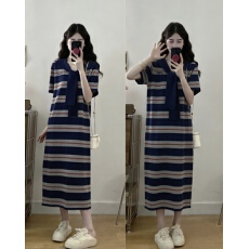 批发实拍 2026春夏新款胖MM<b class='q'>条纹</b>拼接领结显瘦直筒长裙过膝针织<b class='q'>连衣裙</b>