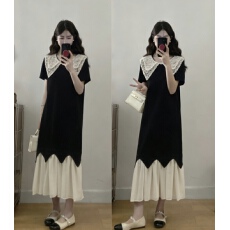 批发实拍 2026春夏新款胖MM娃娃领过膝显瘦减龄撞色拼接针织连衣<b class='q'>裙</b>