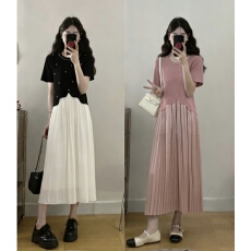 批发实拍 2026春夏新款胖MM钉珠轻奢显瘦假两件拼接气质针织连衣<b class='q'>裙</b>