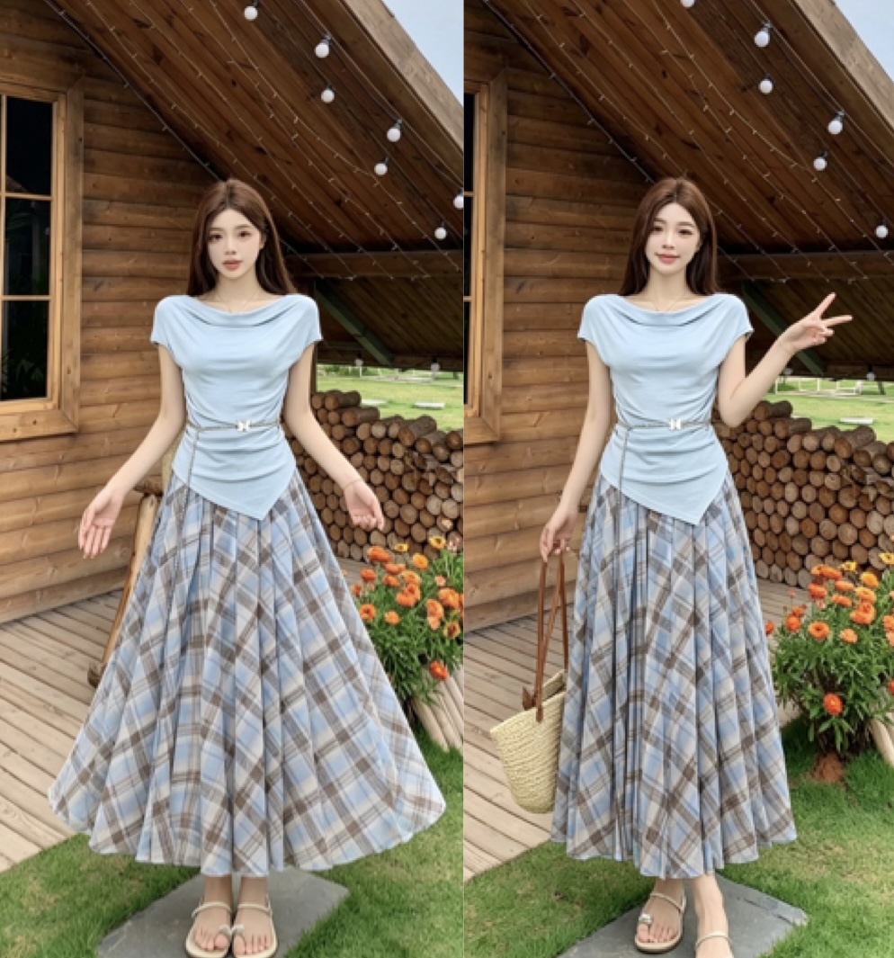 실사 2026 여름 새로운 荡荡 칼라 디자인 센스 체크무늬 패치워크 맨위 허리밴드 반신 스커트 패션 세트