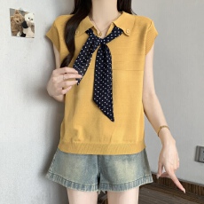 批发实拍 2026夏季新款设计感波点丝巾Polo领温柔风显白宽松显瘦上衣