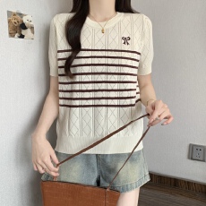 批发实拍 2026夏季新款刺绣条纹洋气减龄条纹拼接圆领套头针织上衣