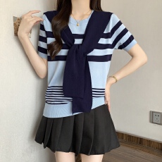 批发实拍 2026夏季新款条纹披肩两件套韩系休闲显瘦百搭针织上衣