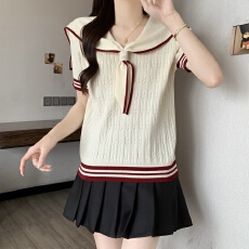 批发实拍 2026年夏季新款海军领撞色设计感条纹时尚显瘦针织上衣