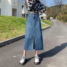 批发开叉牛仔<b class='q'>半身裙</b>女新款夏ins风辣妹休闲高腰直筒复古a字<b class='q'>包臀</b>中长裙