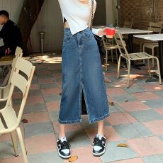 批发<b class='q'>半身裙</b>女高腰设计开叉a字牛仔裙女复古ins新款韩版显瘦中长<b class='q'>包臀</b>裙