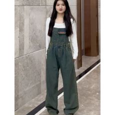 批发2025秋季新款百搭宽松复古直筒裤高腰显瘦阔腿裤牛仔<b class='q'>连体</b>背带裤<b class='q'>女</b>