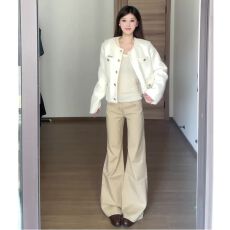 批发美式微喇拖地高腰牛仔裤女2025年冬季新款卡其色百搭阔腿长裤潮