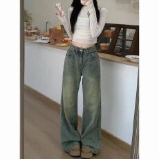 批发美式复古宽松洗水做旧牛仔<b class='q'>裤</b>女春夏<b class='q'>新款</b>高腰显瘦直筒拖地阔腿长<b class='q'>裤</b>