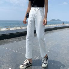 批发2026新款白色裤子哈伦牛仔裤<b class='q'>女</b>夏季高腰直筒小个子九分萝卜老爹裤
