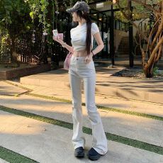 批发2026春夏季新款辣妹白色微喇叭高腰显瘦牛仔<b class='q'>裤</b>女弹力<b class='q'>修身</b>长<b class='q'>裤</b>
