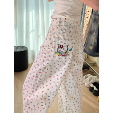 批发简约慵懒碎花kitty白色刺绣牛仔裤女春夏新款少女感高腰直筒<b class='q'>长裤</b>