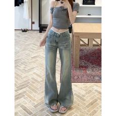 批发高街vibe复古牛仔裤女春夏新款设计感蕾丝修身显瘦微喇拖地<b class='q'>长裤</b>潮
