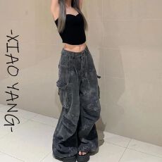 批发春夏复古美式重工迷彩蛇纹宽松<b class='q'>长裤</b>女多口袋设计感阔腿工装裤潮流