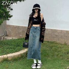 批发2026新款复古做旧开叉大码<b class='q'>牛仔</b>半身裙女春夏中长款高腰a字包臀裙