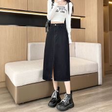 批发开叉<b class='q'>牛仔</b>半身裙女2026春夏新款高腰显瘦小个子中长款a字包臀裙子