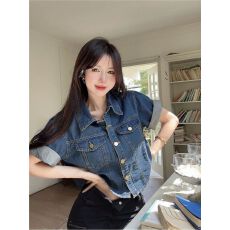 批发复古polo领短袖衬衫女夏短款宽松<b class='q'>牛仔</b>外套百搭蓝色不规则下摆上衣
