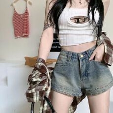 批发美式新款复古牛仔短裤时尚百搭显瘦az字高腰紧身做旧直筒<b class='q'>牛仔裤</b>