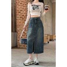 批发高档开叉<b class='q'>牛仔</b>半身裙女水泥灰春夏新款复古百搭洋气质长裙包臀显瘦