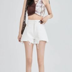 批发个性双扣<b class='q'>牛仔</b><b class='q'>短裤</b>女夏季薄款新款<b class='q'>高腰</b>a字显瘦毛边阔腿<b class='q'>牛仔</b>热裤潮