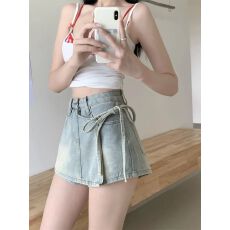 批发浅蓝色辣妹<b class='q'>高腰</b><b class='q'>牛仔</b><b class='q'>短裤</b>半身裙裤女夏假两件不规则洋气绑带裙裤子