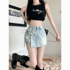 批发设计感假两件抽绳<b class='q'>牛仔</b>短裙夏洋气<b class='q'>高腰</b>显瘦半身裙a字包臀<b class='q'>牛仔</b>裙裤