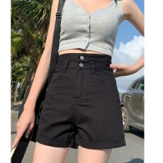 批发<b class='q'>高腰</b>黑色2026年夏季双扣a字卷边显瘦学生夏天热裤宽松<b class='q'>牛仔</b><b class='q'>短裤</b>女