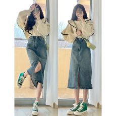 批发中长牛仔裙半身裙女秋<b class='q'>冬</b>2026新款高腰长裙辣妹半裙复古开叉a字裙
