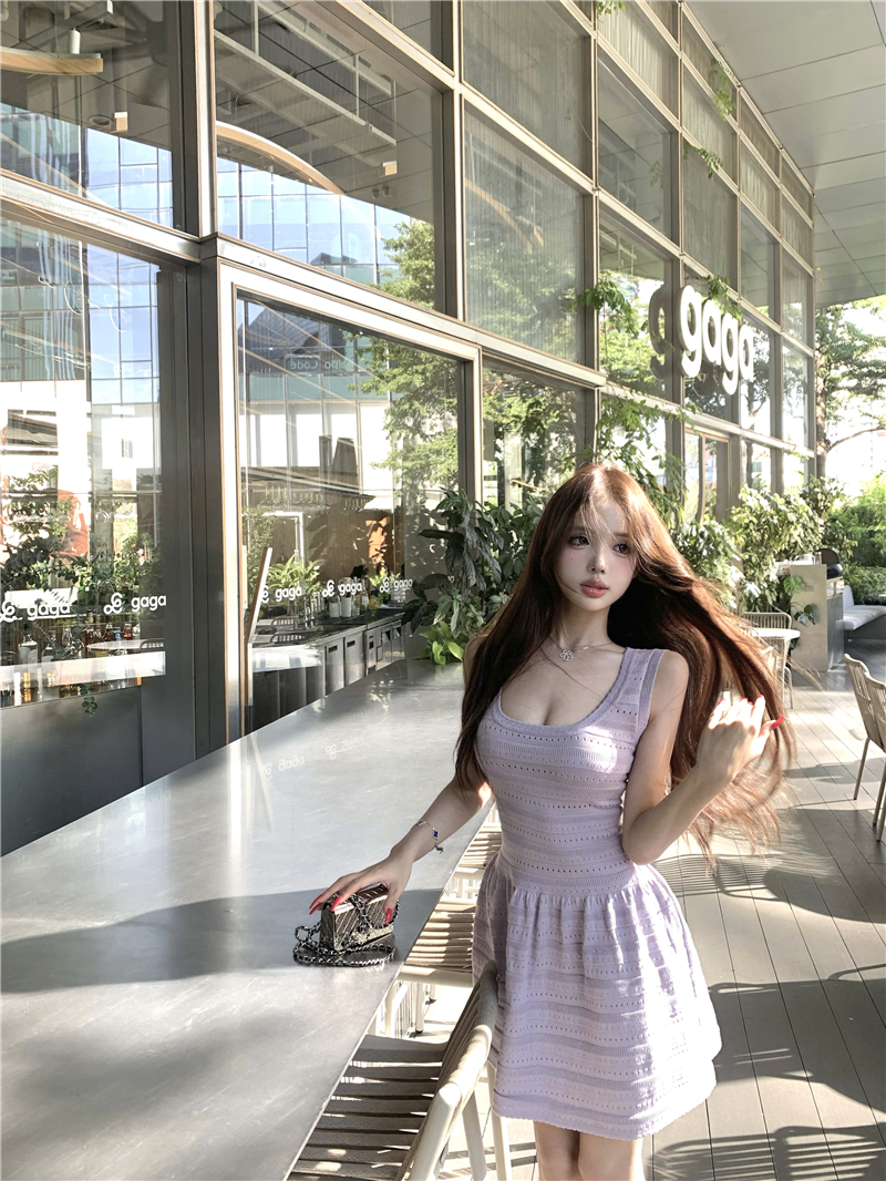 실사 차가운 아름다움 분위기 센스 캐치 부서 라벤더 디스플레이 화이트 허리 수축 드레스