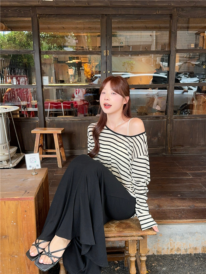 실사 모달 오프숄더 스트라이프 자외선 차단 얇은 스타일 티셔츠 긴팔 맨위 반 스커트 세트 여성