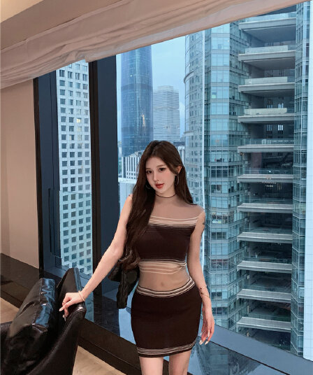 실사 프랑스식 배색 망사 높은 탄력성 패키지 어깨 소매 니트 타이트 스커트