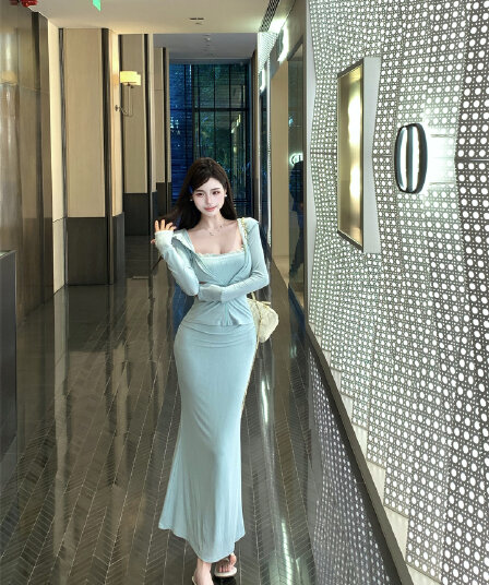 실사 이른 가을 소다 세트 모자 포함 재킷 허리 수축 긴팔 오픈 가디건 슬립 레이스 점프 슈트 롱 스커트 여성