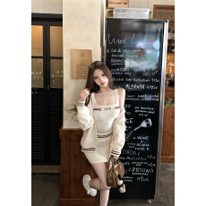 批发实拍 新款撞色边套装针织<b class='q'>开衫</b>外套吊带减龄半裙三件套装