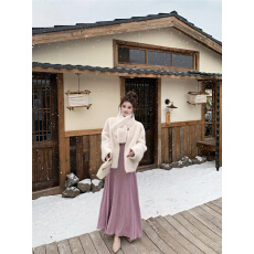 实拍 环保水貂毛超保暖可拆卸围脖毛毛短外套温柔蕾丝V领a摆长裙