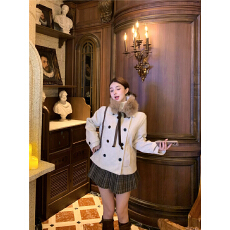批发实拍 冬季古早感双排扣卡其短款羊毛毛呢大衣格子毛呢百褶少女裙