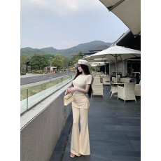 批发实拍 韩系纯欲慵懒风时尚烫钻短袖喇叭裤休闲两件套