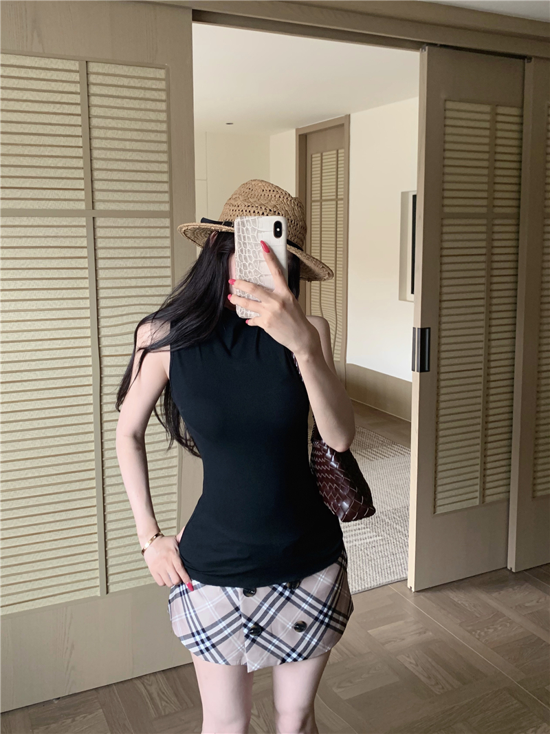 실사 여름 검정색 니트 터틀넥 chic Chic 오프숄더 조끼 타이트 스커트 자이언트 잘 생긴 작은 키 미니 스커트