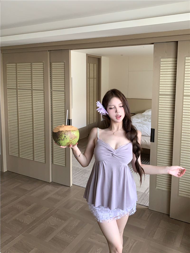 실사 순수한 욕망 바람 보라색 비틀림 핫픽스 조끼 슬립 슬림해 보이는 무거운 작업 프랑스식 꽃 비즈 박기 미니 스커트
