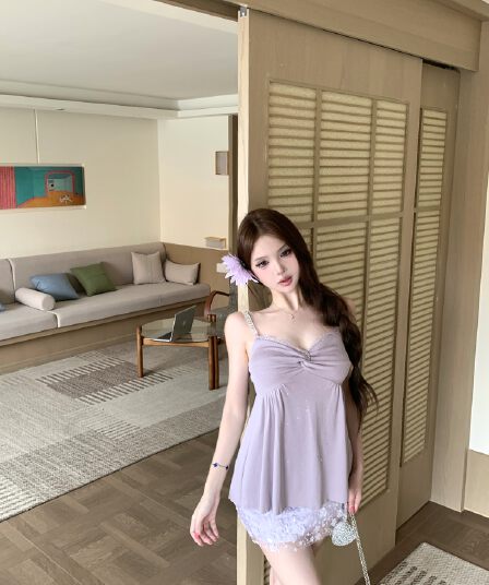 실사 순수한 욕망 바람 보라색 비틀림 핫픽스 조끼 슬립 슬림해 보이는 무거운 작업 프랑스식 꽃 비즈 박기 미니 스커트