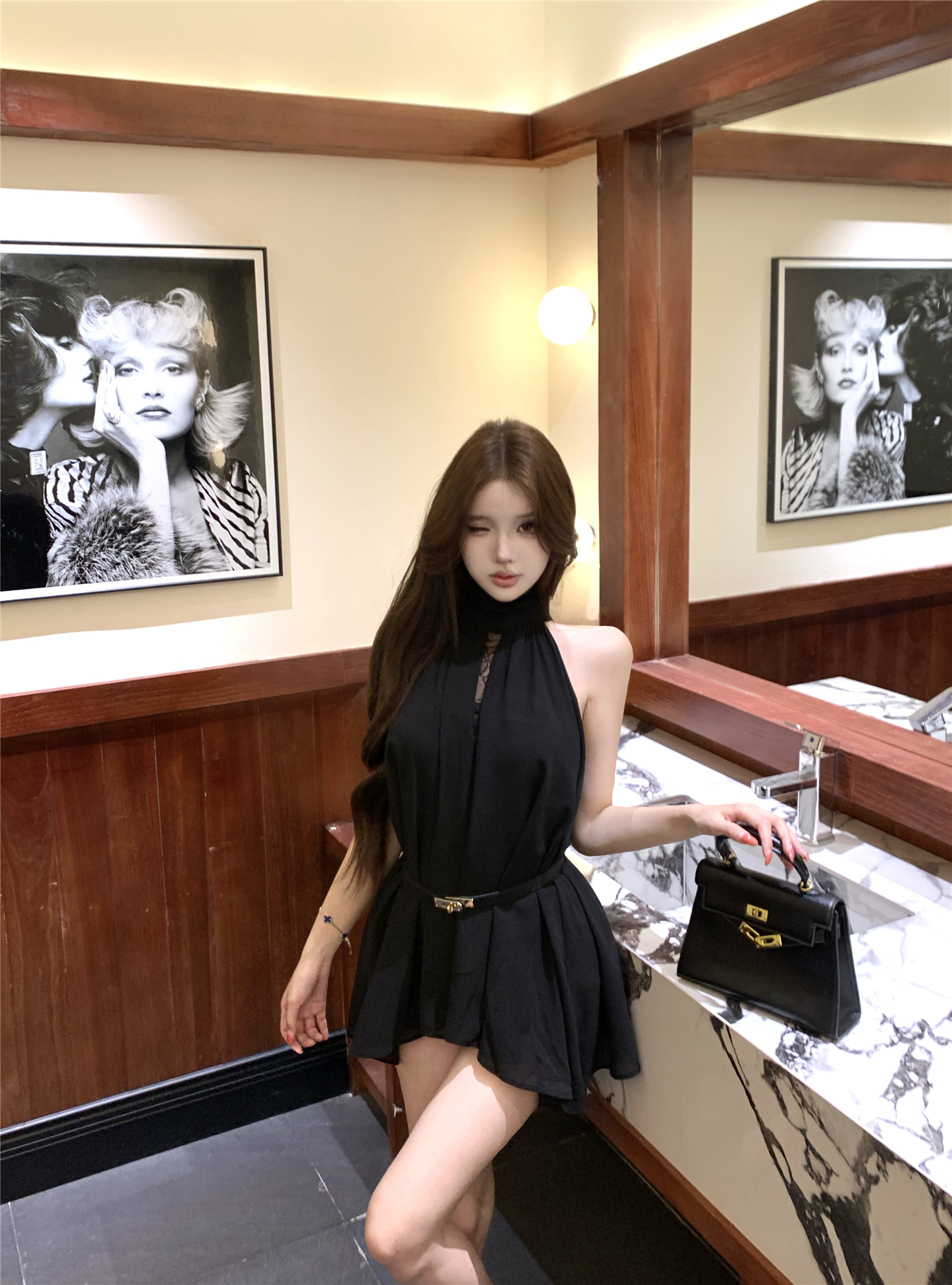 실사 여신 행침 목 리본 섹시함 다용도 쉬폰 톱 반바지 세트 벨트 포함