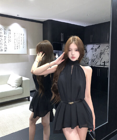 실사 여신 행침 목 리본 섹시함 다용도 쉬폰 톱 반바지 세트 벨트 포함